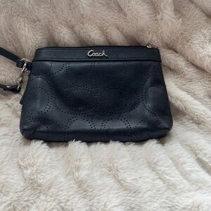 Coach black leather perforated wristlet wallet